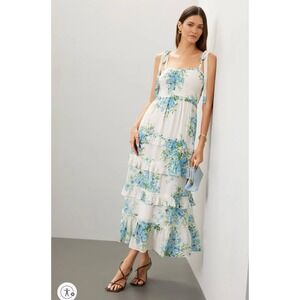Yumi Kim Maxina Dress White Blue Floral Maxi Smocked Tiered Sleeveless Sz S